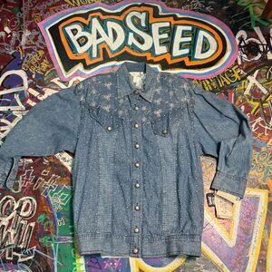 Vintage 80s Marsha Sport Embellished Denim Jacket w Shoulder Pads - Size Small​